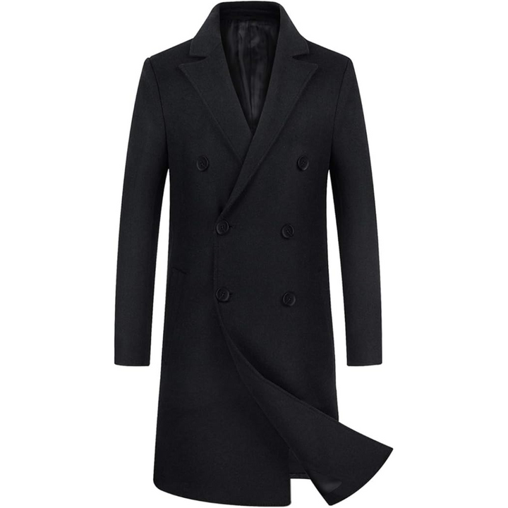 Schwarzer Herren-Wollmantel, doppelt geknöpft, elegantes Design, Wintermode, klassisch.