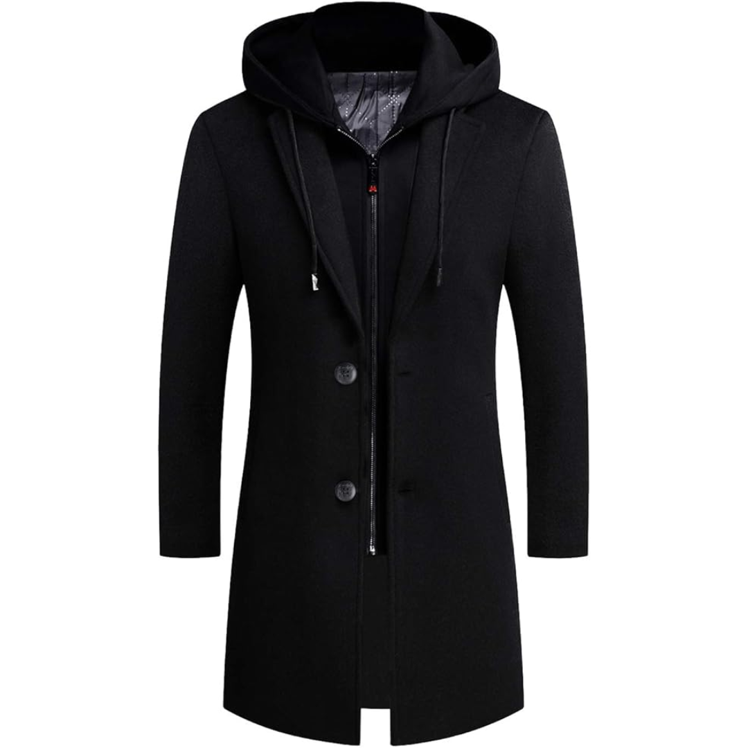 Schwarzer Herrenmantel mit Kapuze, elegantes Design, Wintermode, warm, stilvoll.