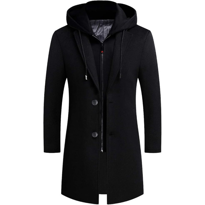Schwarzer Herrenmantel mit Kapuze, elegantes Design, Wintermode, warm, stilvoll.