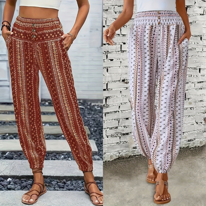 Boho Haremové dámské kalhoty s potiskem a nabíraným pasem – Linara