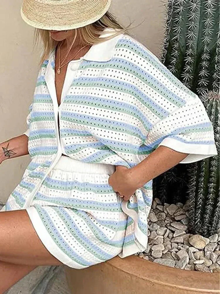 Pruhované dámské letní kalhoty s topem a šortkami – Faye