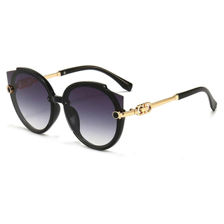 Schwarze Designer-Sonnenbrille mit goldenen Details, runde Gläser, UV-Schutz, modisch.