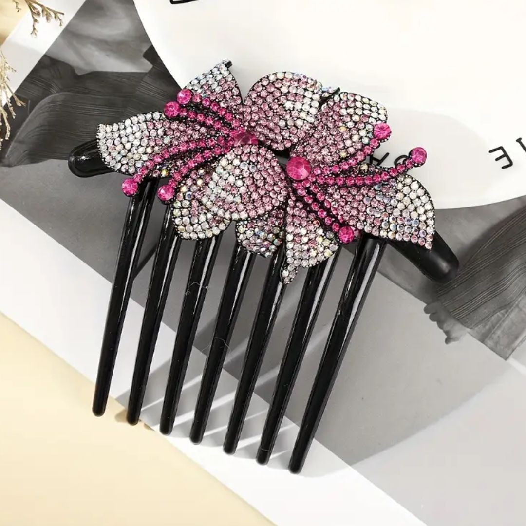 Schwarzer Haarkamm mit rosa Schmetterlings-Strassdesign, elegantes Haaraccessoire.