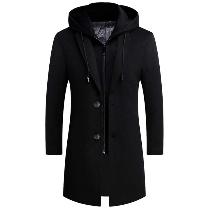 Schwarzer Herrenmantel mit Kapuze, Knöpfen und Reißverschluss, elegantes Design, Wintermode.