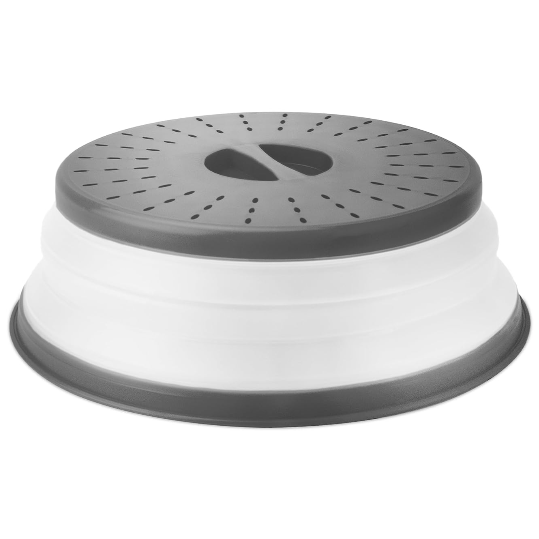 Grauer faltbarer Mikrowellenabdeckhaube aus Kunststoff, hitzebeständig, mit Griff.