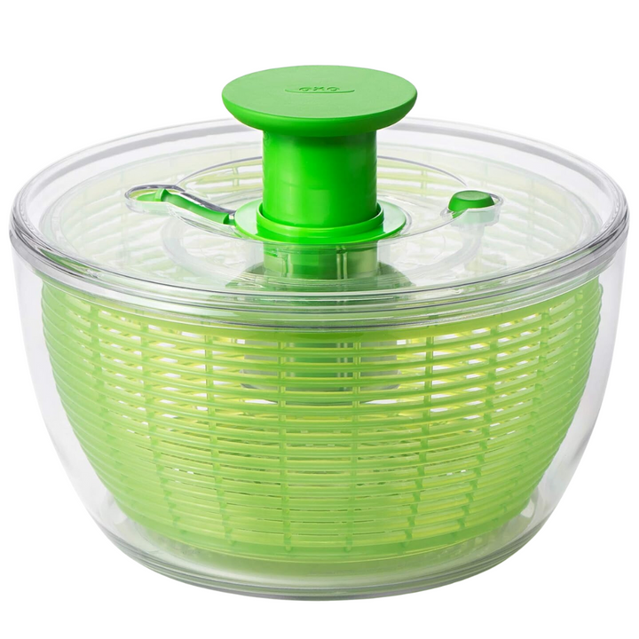 Grüne Salatschleuder aus Kunststoff, transparent, mit Kurbelgriff, Küchengerät für Salat.