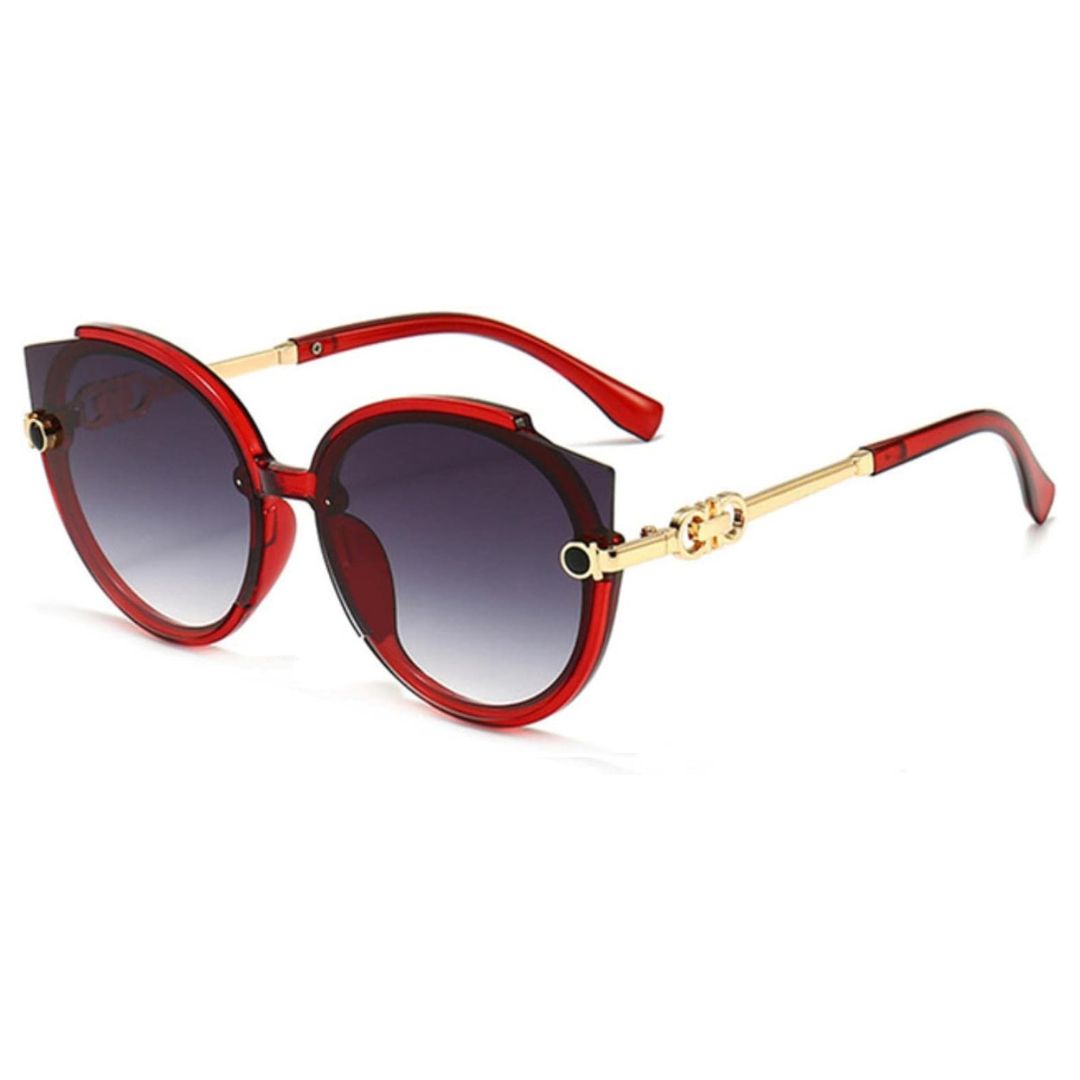 Rote Damen-Sonnenbrille mit goldenen Bügeln, runde Gläser, modisches Accessoire.