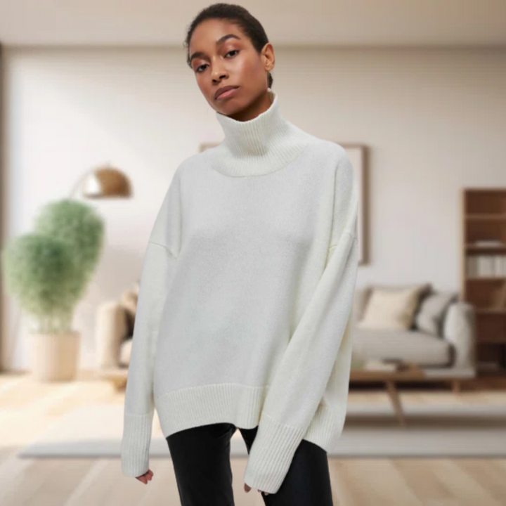 Frau in weißem Rollkragenpullover, Wohnzimmer, gemütlich, modisch, Herbstmode, Damenbekleidung.