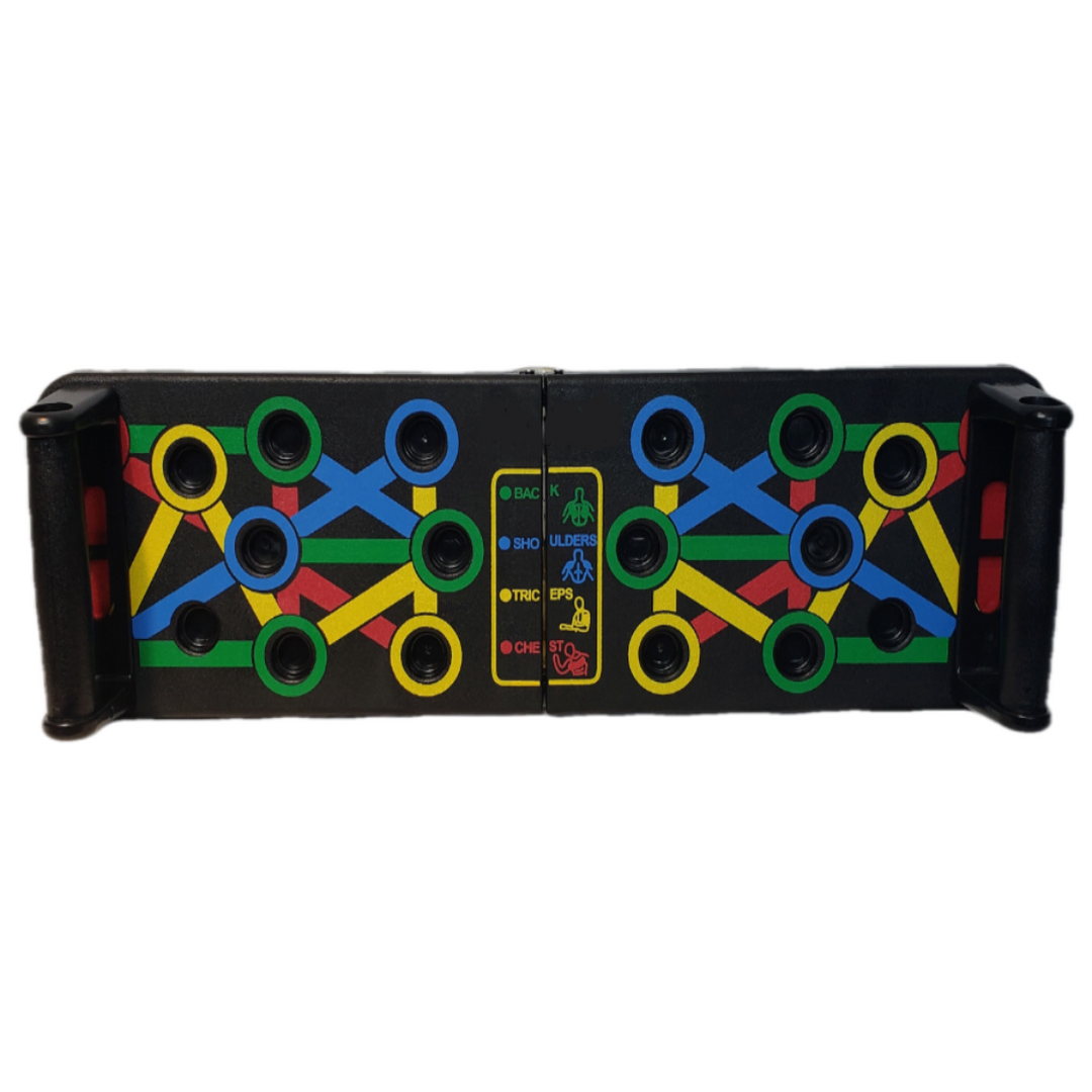 Multifunktionales Push-up-Board, schwarz, mit farbcodierten Griffpositionen für gezieltes Training