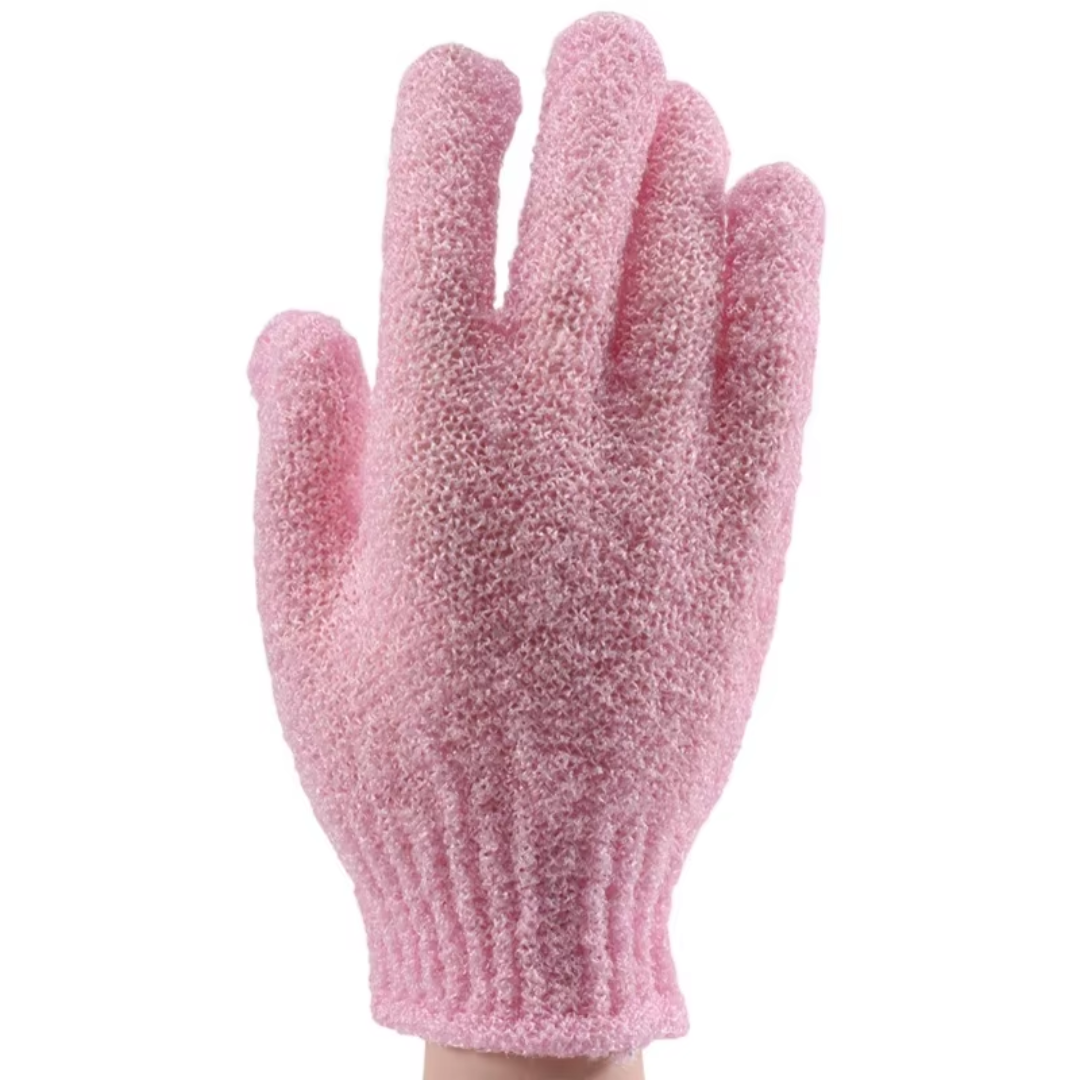Rosa Peelinghandschuh aus Baumwolle für sanfte Hautpflege und Exfoliation.