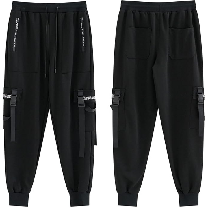 Schwarze Cargo-Jogginghose, Herren, mit Taschen, Kordelzug, sportlich, bequem, Baumwolle.