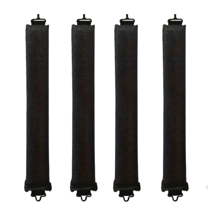 Vier schwarze, wiederverwendbare Lockenwickler aus Schaumstoff für schonendes Haarstyling.