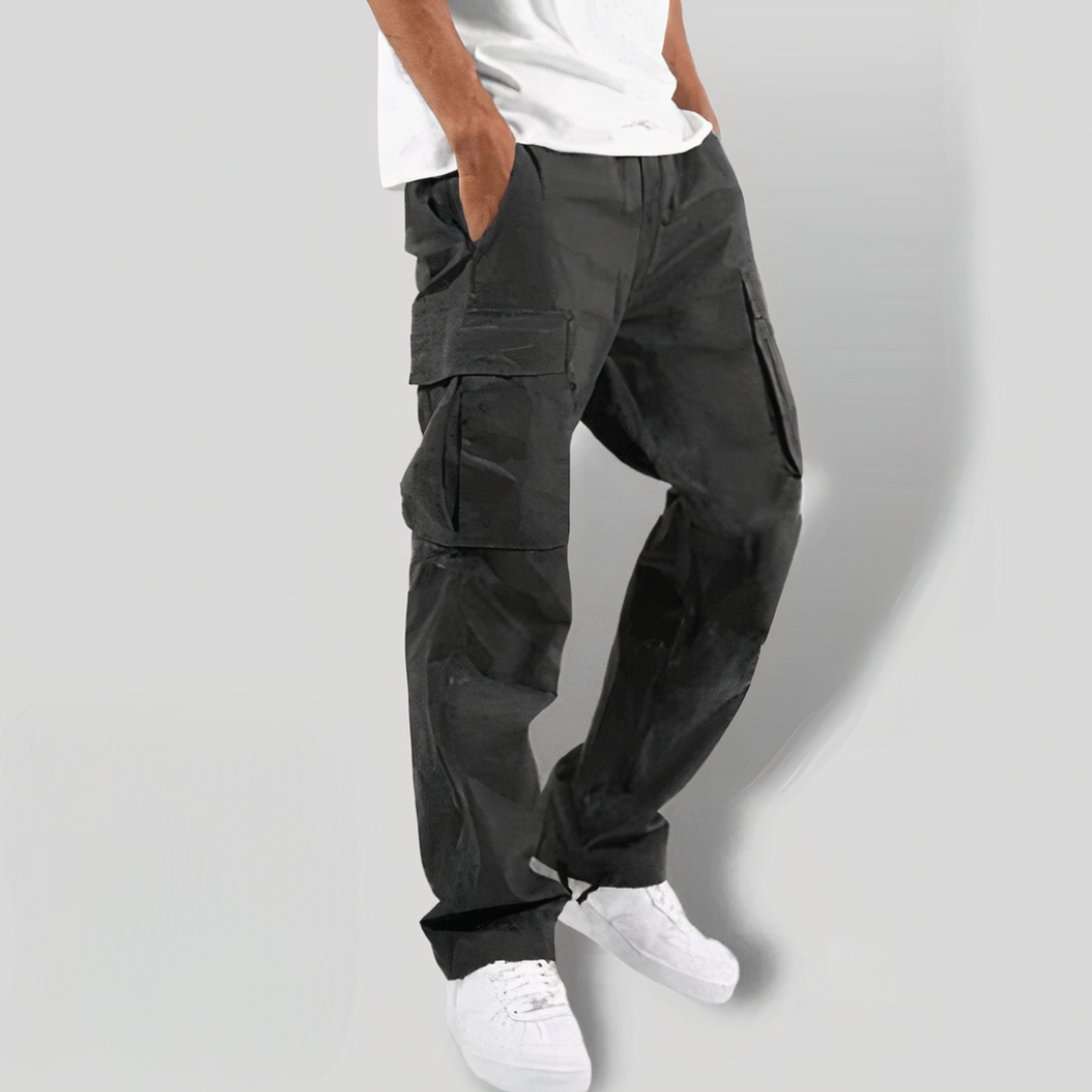 Schwarze Cargohose für Herren, lässig, mit Seitentaschen, Baumwolle, modisch, bequem.