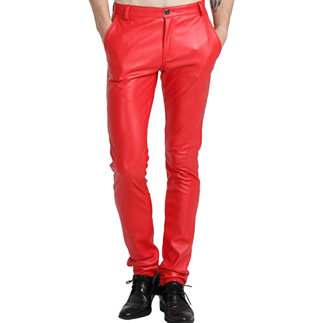 Rote Lederhose für Herren, modisch, eng anliegend, ideal für Partys, stilvolle Herrenmode.