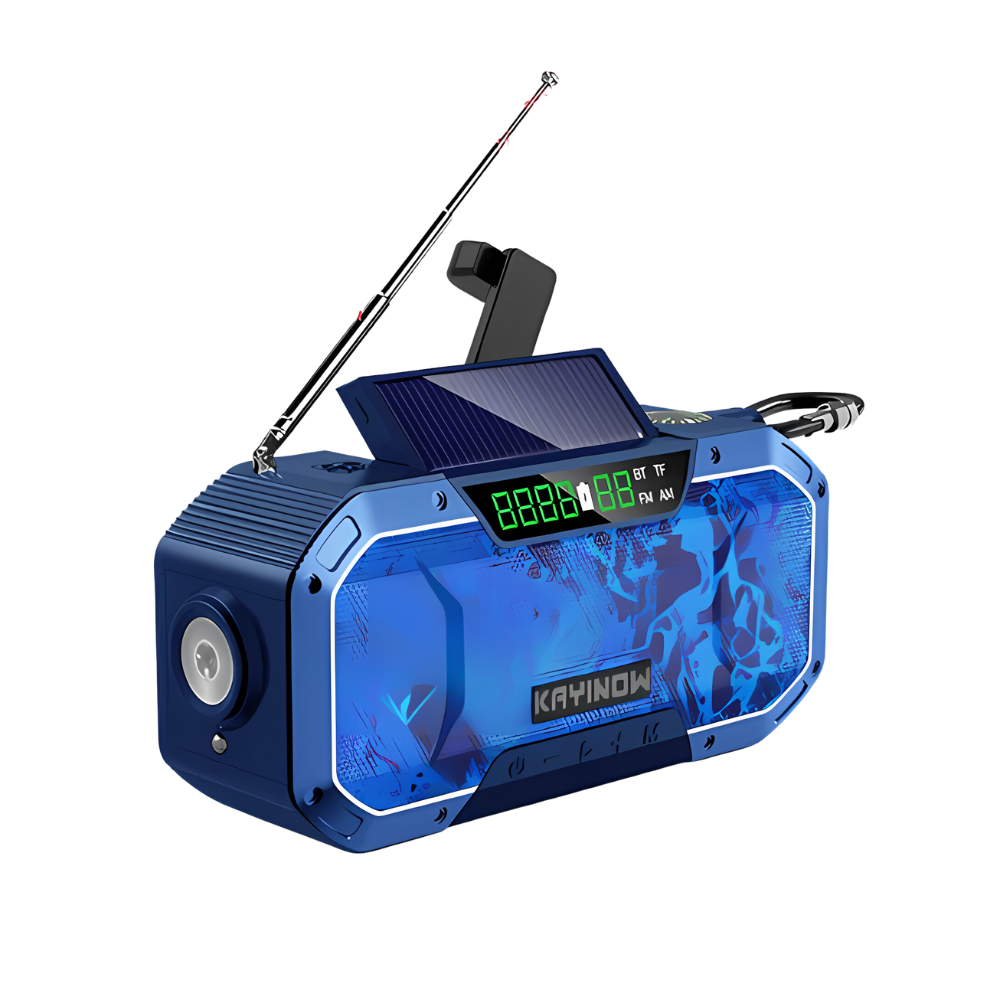 Tragbares blaues Solarradio mit LED-Anzeige, USB-Anschluss und Antenne für Outdoor-Aktivitäten.