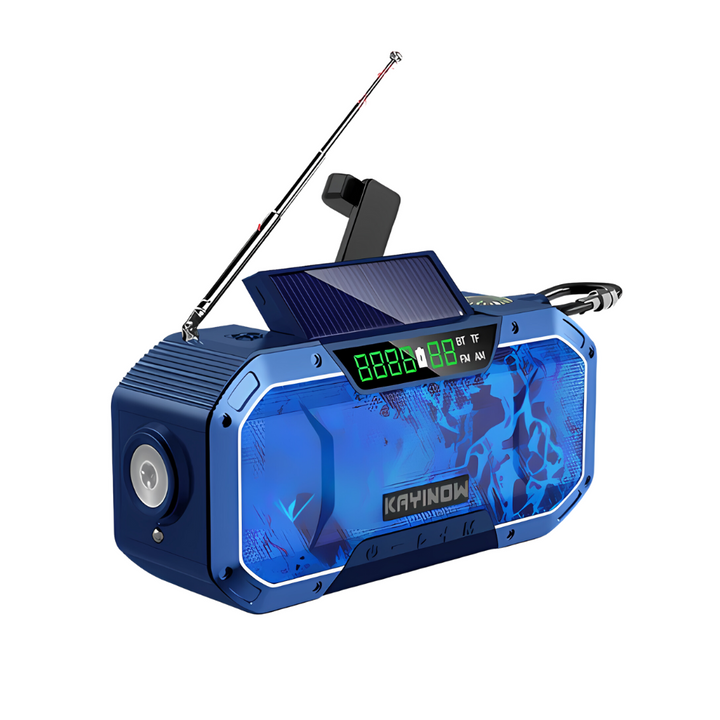 Tragbares blaues Solarradio mit LED-Anzeige, USB-Anschluss und Antenne für Outdoor-Aktivitäten.