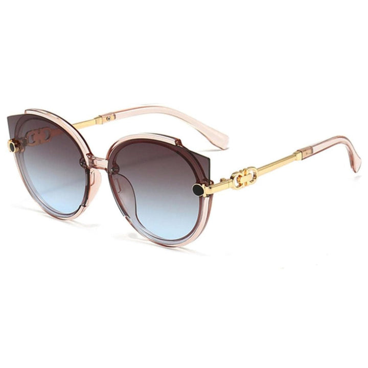 Damen Sonnenbrille, rosa Rahmen, goldene Bügel, UV-Schutz, modisches Accessoire.