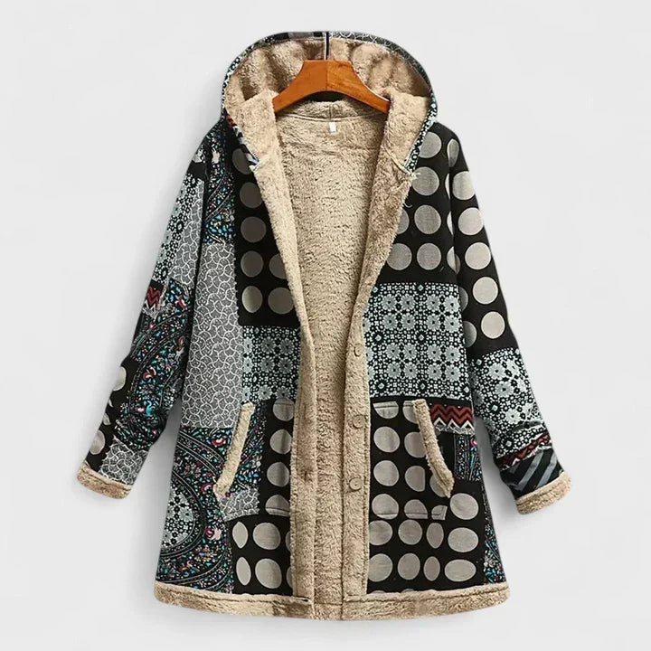 Rozepnutá parka na ramínku s patchworkovým vzorem teček a ornamentů v černošedé, lemy z béžového plyše 4