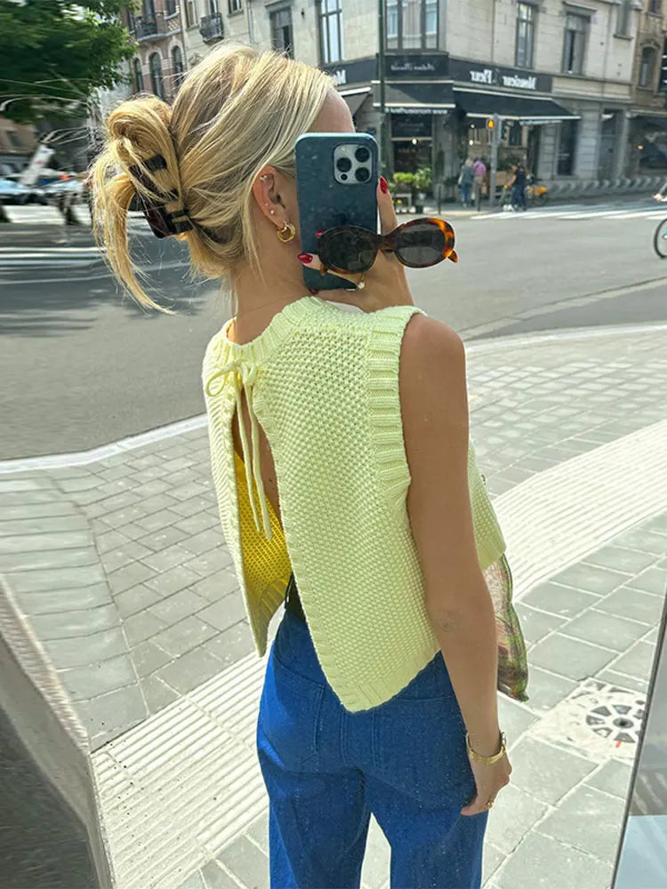 Žlutý dámský pletený top s vzdušnou pletenou strukturou – Eliza