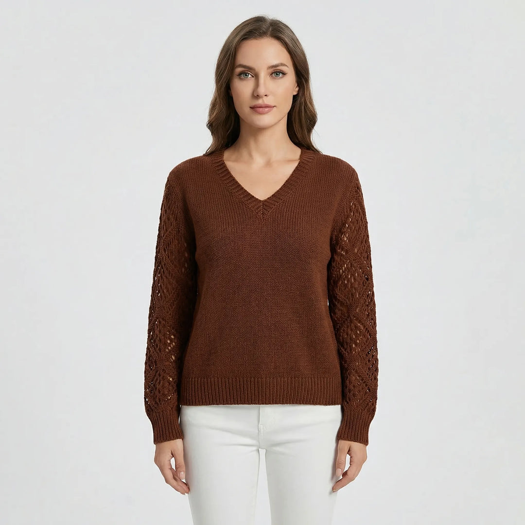 V-Neck Knitted Jumper With Open-Weave Sleeves - Audrey