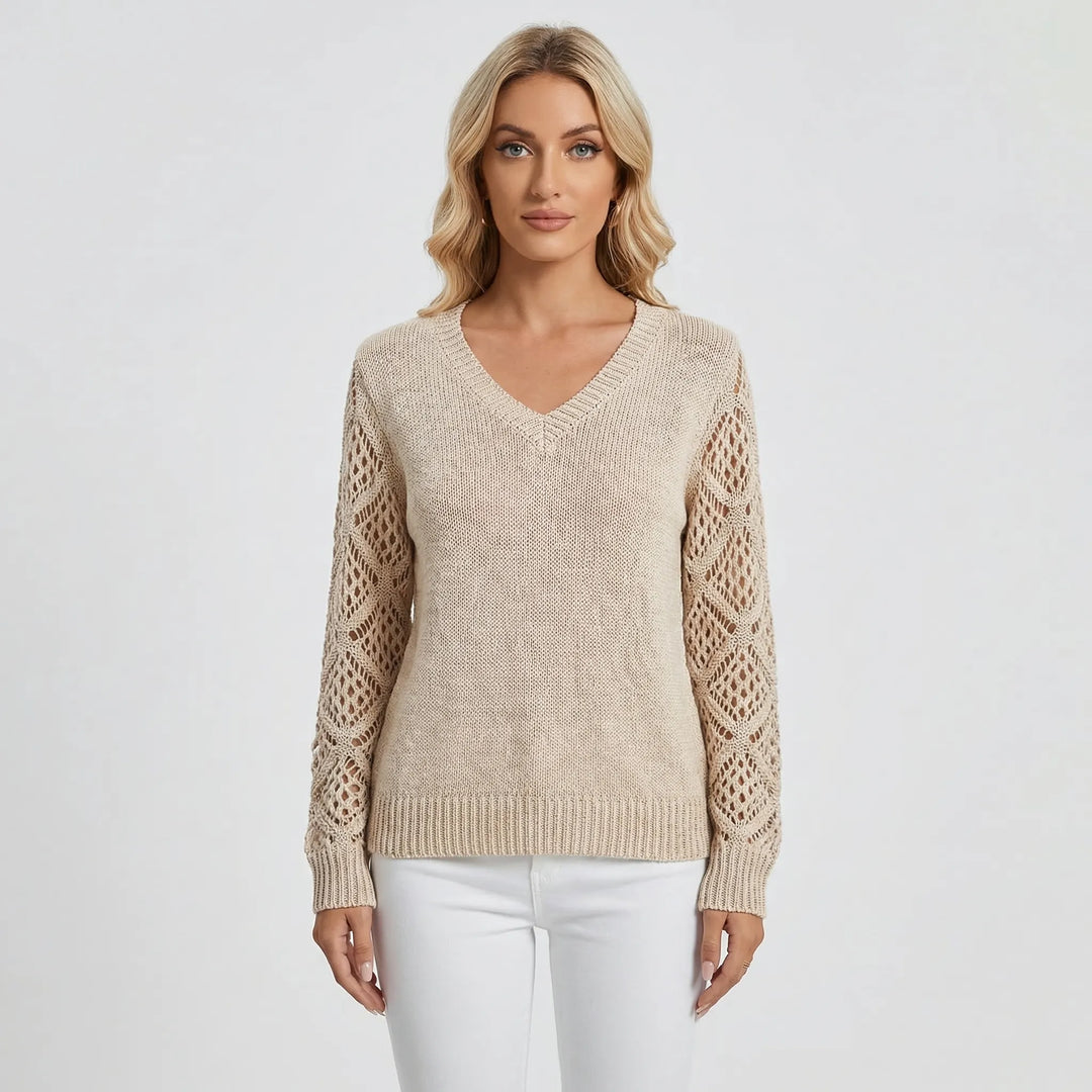 V-Neck Knitted Jumper With Open-Weave Sleeves - Audrey