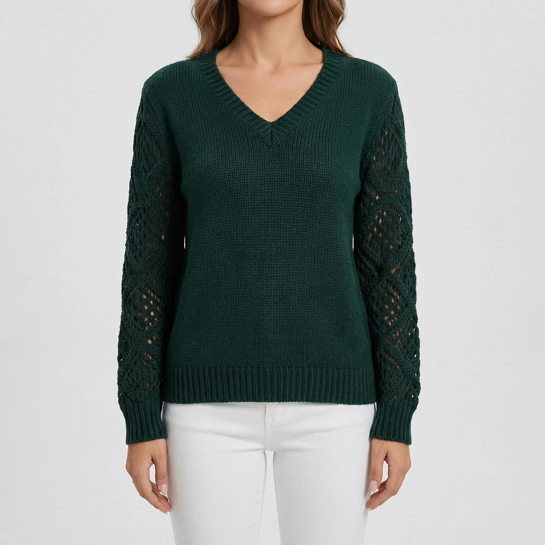 V-Neck Knitted Jumper With Open-Weave Sleeves - Audrey