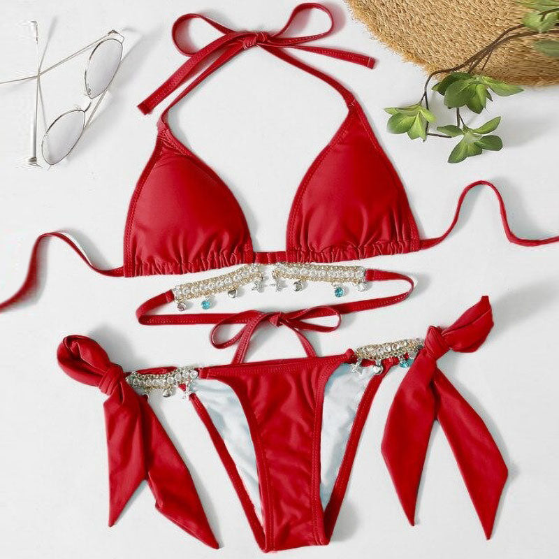 Roter Bikini-Set Damen, Triangel-Oberteil, Schleifen, Strandmode, Sommer, Bademode.