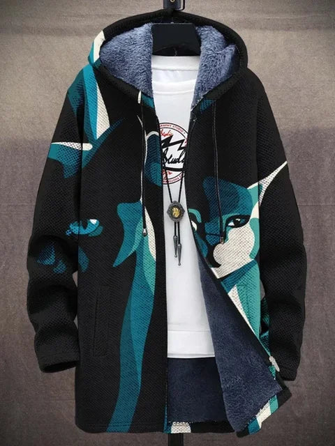 Schwarze Kapuzenjacke mit blauem Muster, Fleece-Innenfutter, Herrenmode, Winterbekleidung.