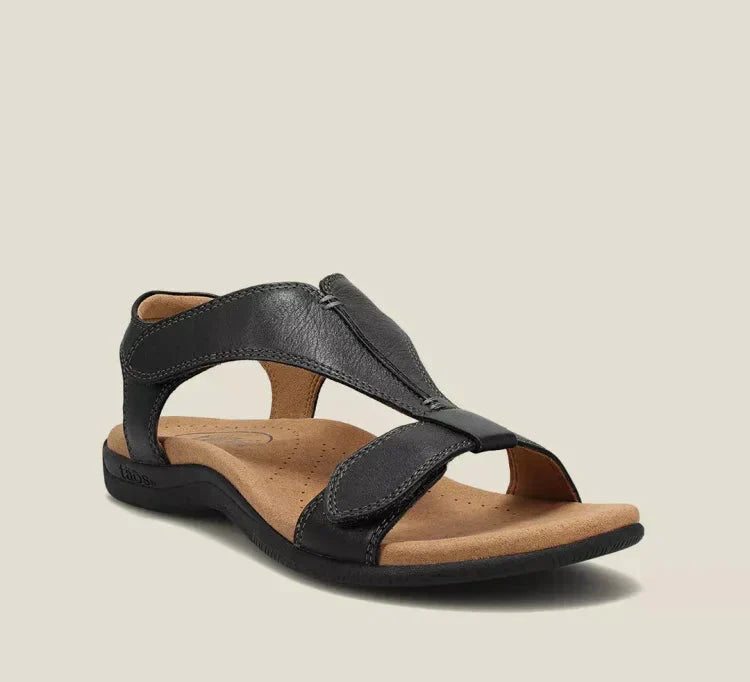 Schwarze Damen-Sandalen, bequem, lässig, Leder, rutschfeste Sohle, ideal für Sommer.