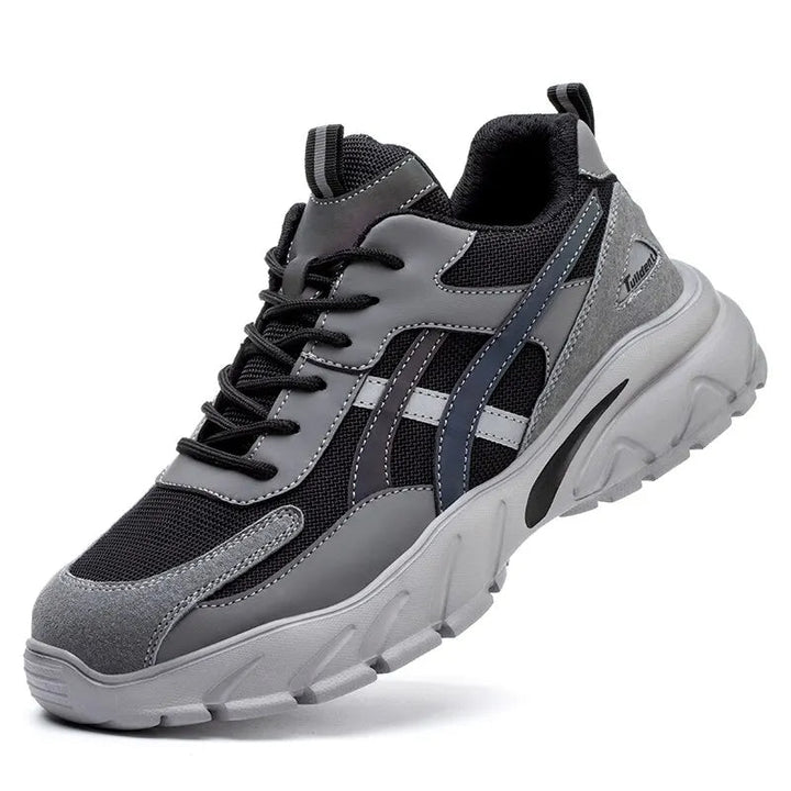 Graue Sicherheitsschuhe, stilvoll, robust, rutschfest, Modell 2024, Arbeitsschutzschuhe.