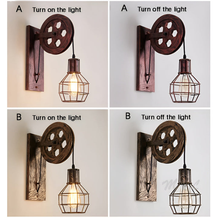 Vintage Wandlampe mit Holzrad, Metallkäfig, LED, Retro-Industriedesign, Wohnzimmerbeleuchtung.