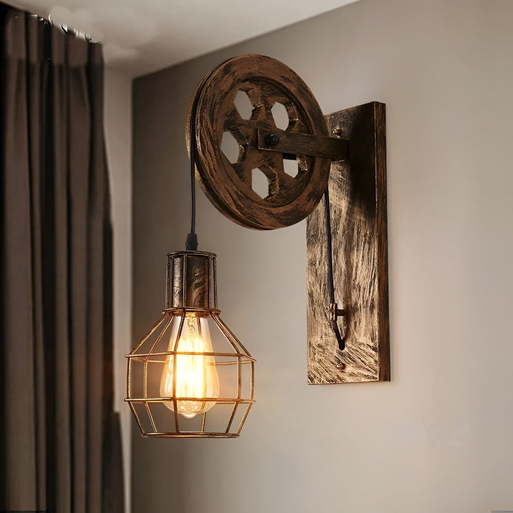 Vintage Wandlampe aus Holz und Metall, Retro-Design, LED-kompatibel, industrielle Optik.