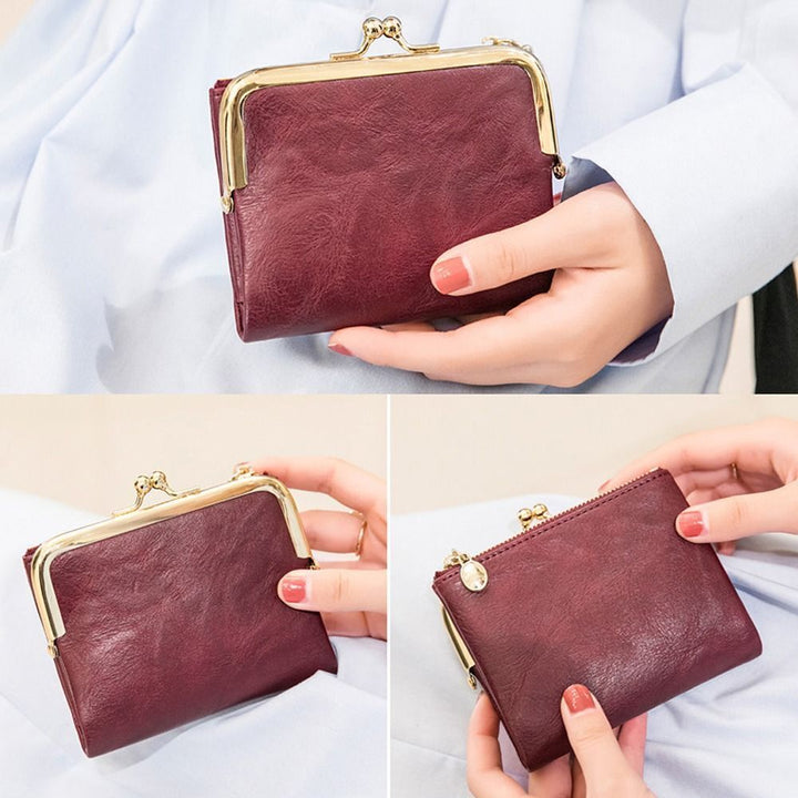 Damen Vintage Kiss-Lock Geldbörse, rotbraun, Leder, kompakt, elegant, modisch.