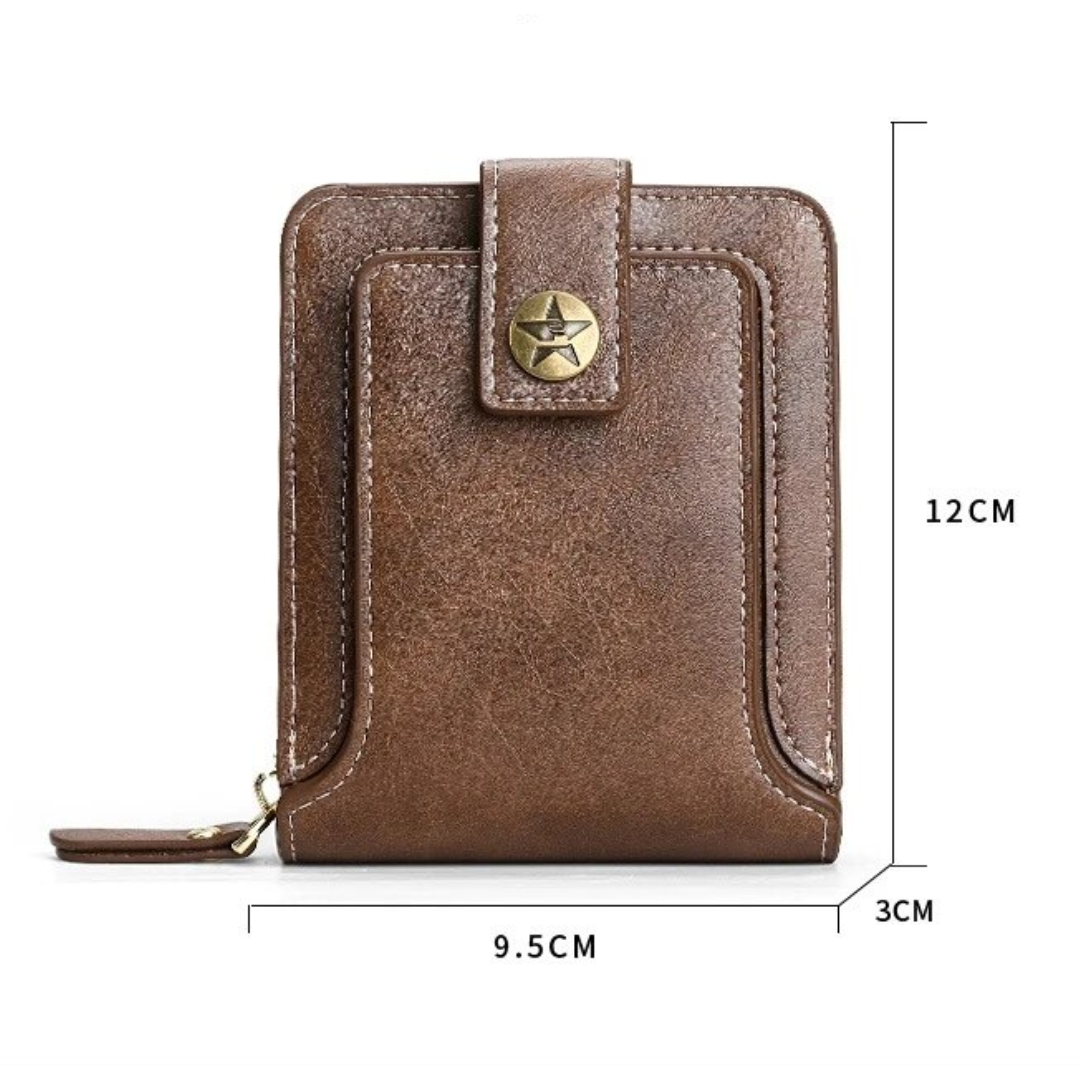 Braune Vintage-Leder-Geldbörse mit Sternknopf, 12x9,5x3 cm, ideal für Münzen und Karten.