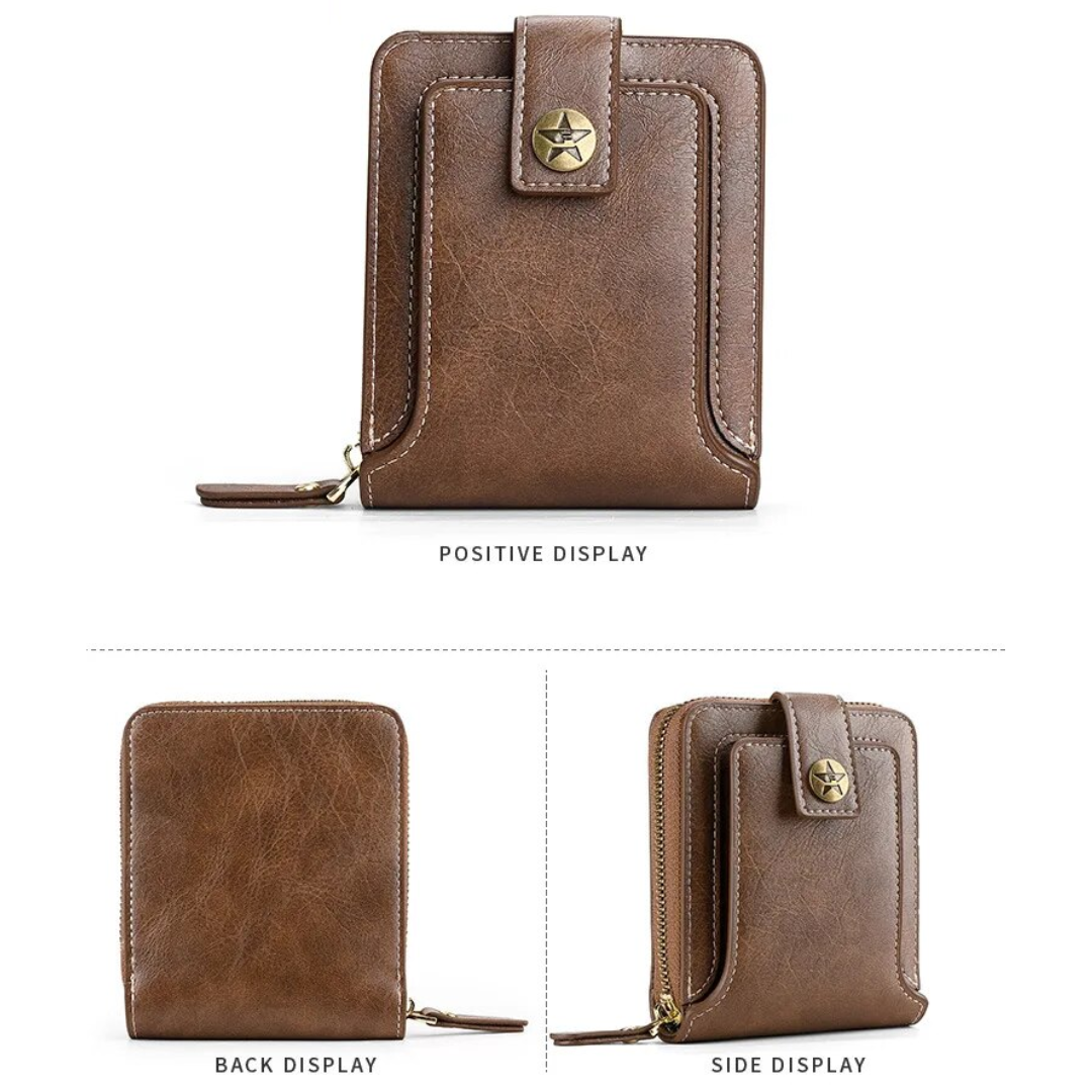 Vintage Leder Geldbörse, braun, mit Sternknopf, Reißverschluss, kompakt, stilvoll.