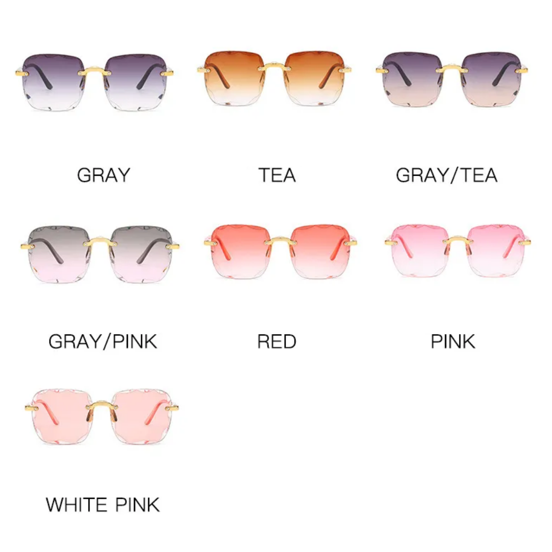 Vintage randlose Sonnenbrille, verschiedene Farben, modisches Accessoire, UV-Schutz.