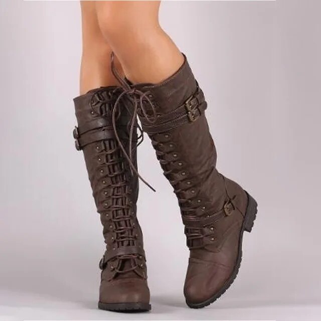Damen kniehohe Stiefel, braun, Schnürung, Steampunk-Stil, PU-Leder, Herbst Winter Mode.