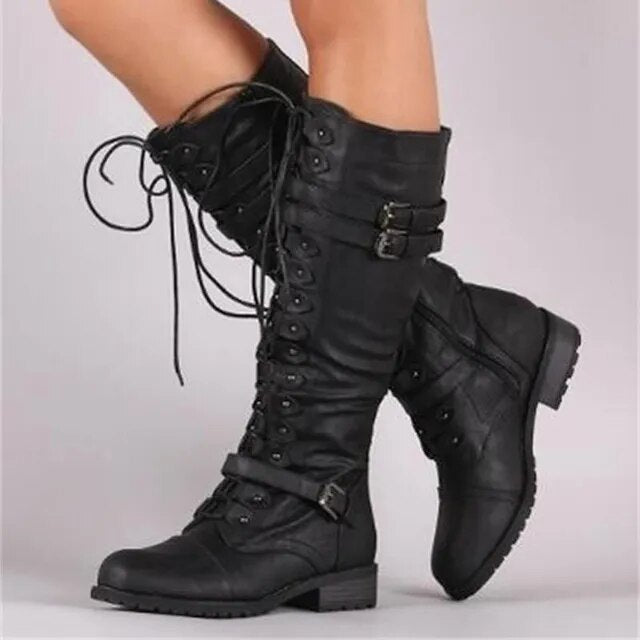 Schwarze Damen-Kniehohe Stiefel, Schnürung, Steampunk-Stil, PU-Leder, Herbst-Wintermode.