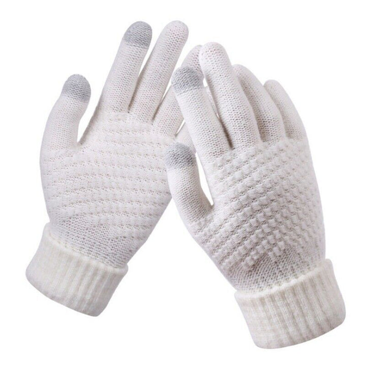 Weiße Touchscreen-Handschuhe, gestrickt, mit grauen Fingerspitzen, für Smartphone-Bedienung.