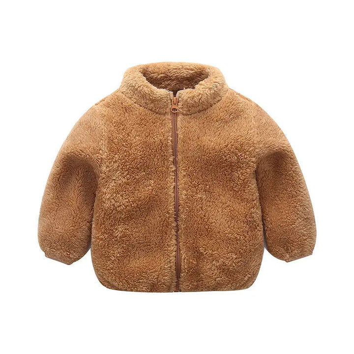 Braune Kinder-Fleecejacke mit Reißverschluss, warm, kuschelig, Wintermode, Unisex.