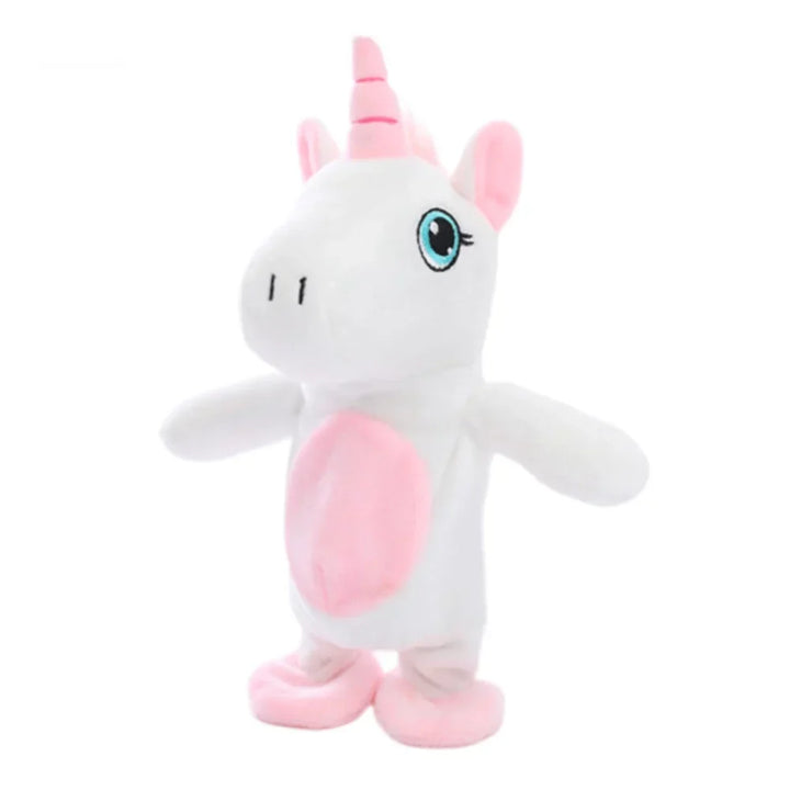 Weißes Plüsch-Einhorn-Spielzeug mit rosa Details, stehende Position, Kinderkuscheltier.