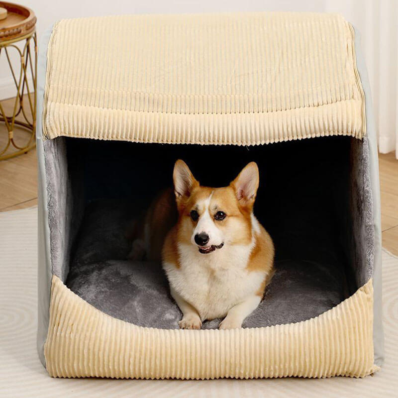 Großes, abnehmbares, halbgeschlossenes Hundezelt aus warmem Flanell mit Corgi im Inneren.
