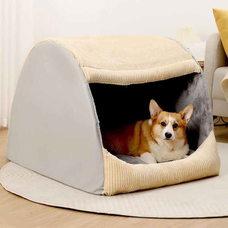 Großes, abnehmbares, halbgeschlossenes Hundezelt aus warmem Flanell mit Corgi.