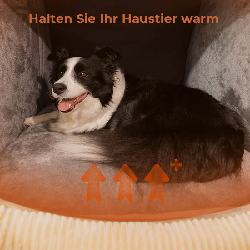 Schwarz-weißer Hund in grauem, warmem Flanell-Haustierzelt, halbgeschlossen, gemütlich.