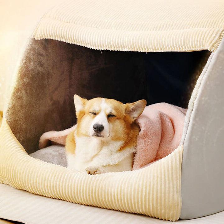 Corgi in abnehmbarem, halbgeschlossenem, warmem Flanell-Hundezelt, beige.