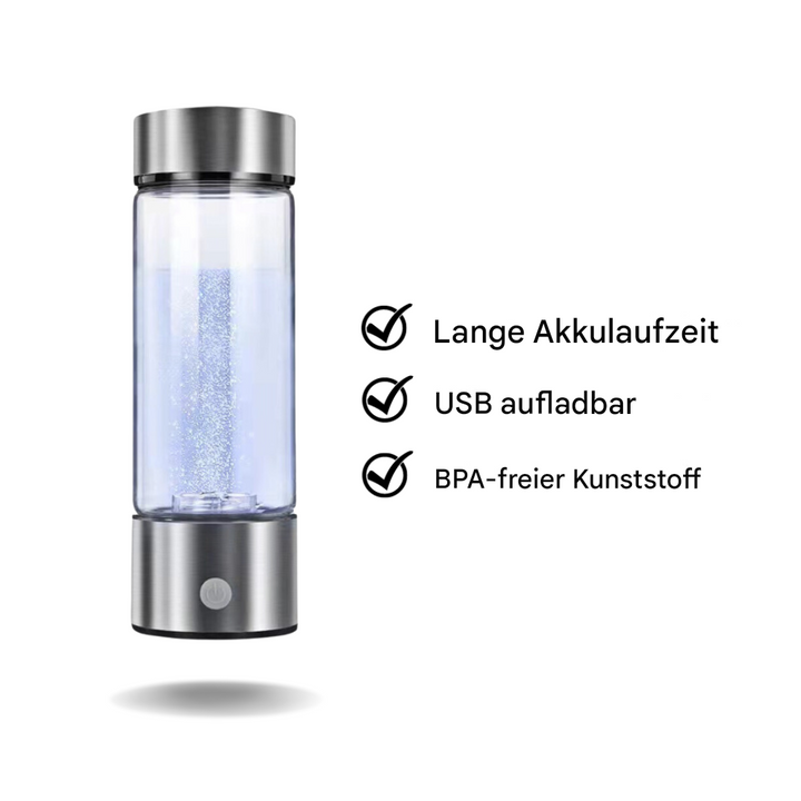 Wasserstoffgenerator Flasche, Glas, USB aufladbar, BPA-frei, lange Akkulaufzeit.