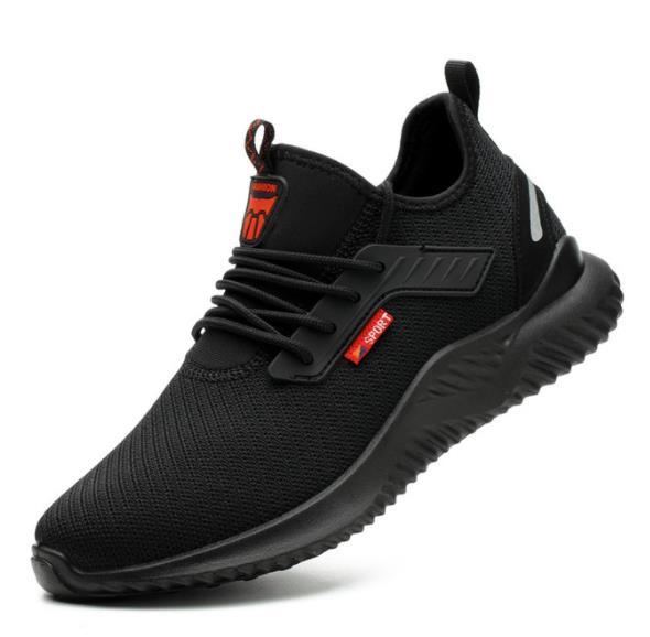 Schwarze Sicherheitsschuhe, Stahlkappe, leicht, atmungsaktiv, rutschfest, Unisex-Sneaker.