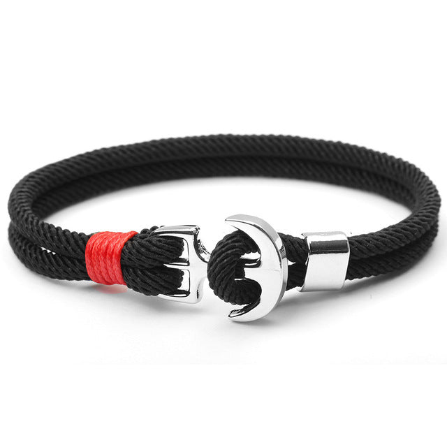 Schwarzes Herrenarmband mit Anker-Verschluss, mehrlagig, maritimer Stil, Nylon, rot-schwarz.