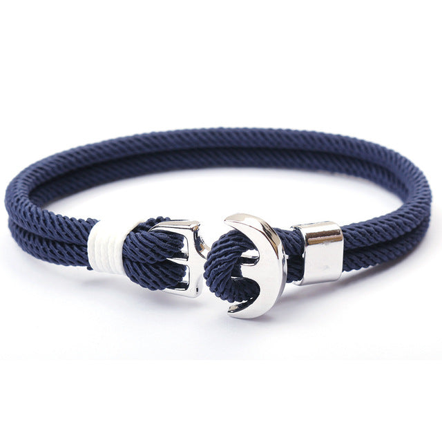 Marineblaues Herrenarmband mit Anker- und Walflossen-Design, mehrlagig, Edelstahlverschluss.