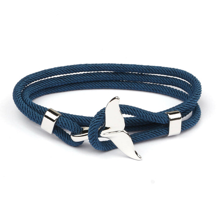 Blaues Herrenarmband mit Walflossen-Anker, mehrlagig, maritimer Schmuck, Edelstahlverschluss.